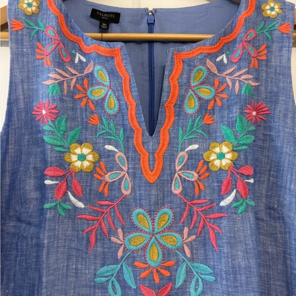 Talbots Linen Blend Embroidered Floral Blue Chambray Sleeveless Shift Dress 16P - Picture 5 of 9